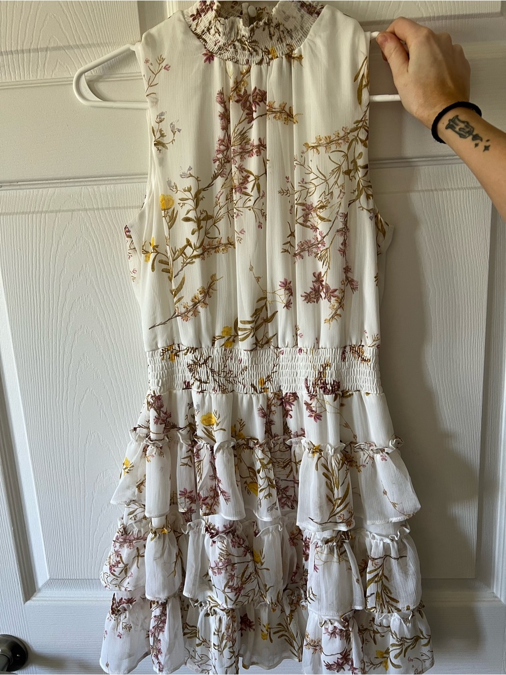1. State White Floral Tiered Mini Dress with Mauve and Mustard Accents